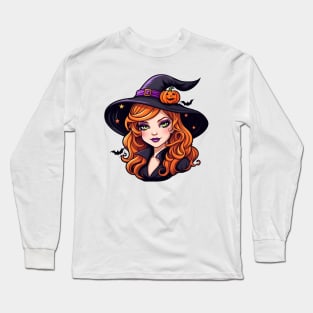 a witch with long red hair wearing a hat Long Sleeve T-Shirt